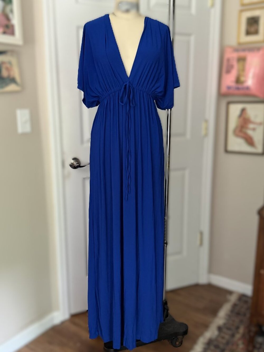 KOH KOH Indigo Stretch Empire Waist baby-doll Smocked Maxi Dress *SMALL*  NWT